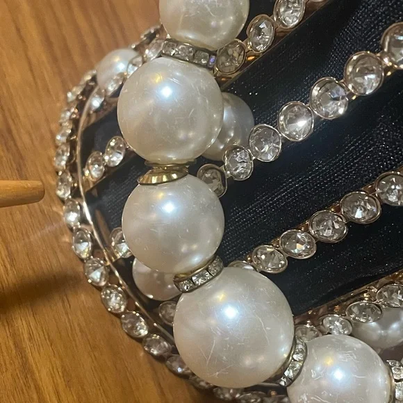 Metallic Cage Evening Bag with Pearls & Rhinestones Bucket Clutch Purse - Picture 11 of 14